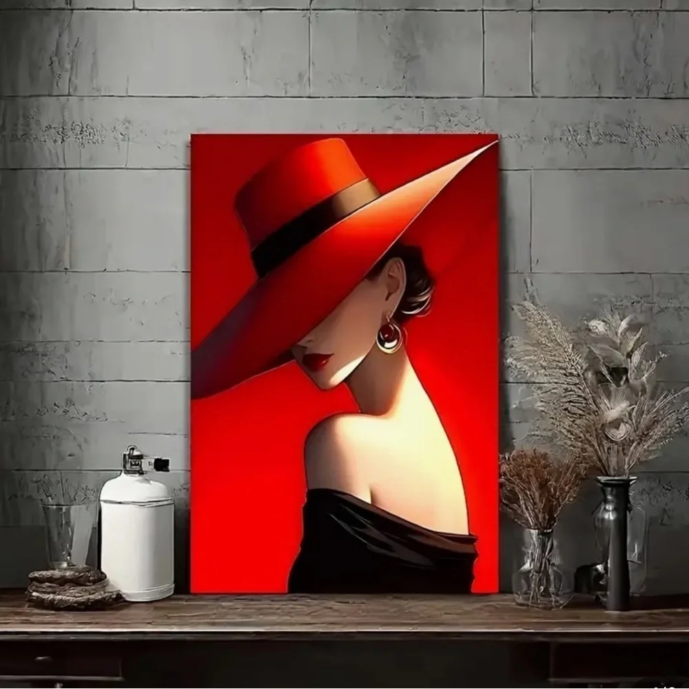 Abstract painting print stylish Woman with red hat 16”x24” lightweight NEW